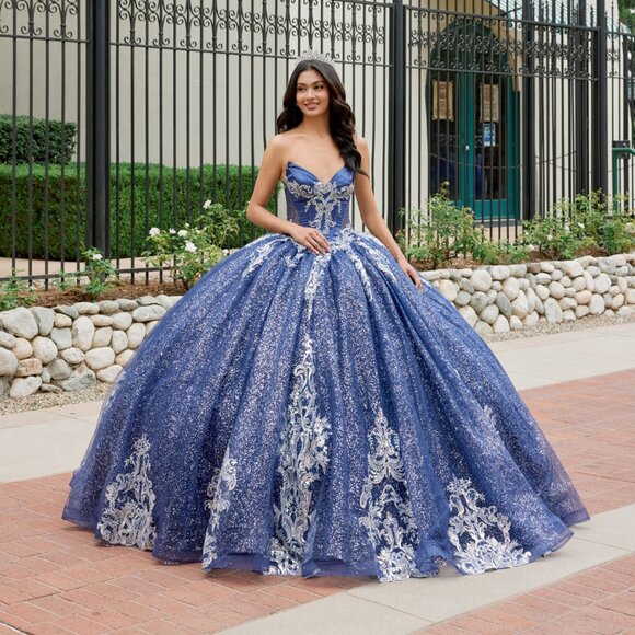 New Navy Blue Glitter Embellished Long Quinceanera Gown w/ Lace Up Back JT1512H